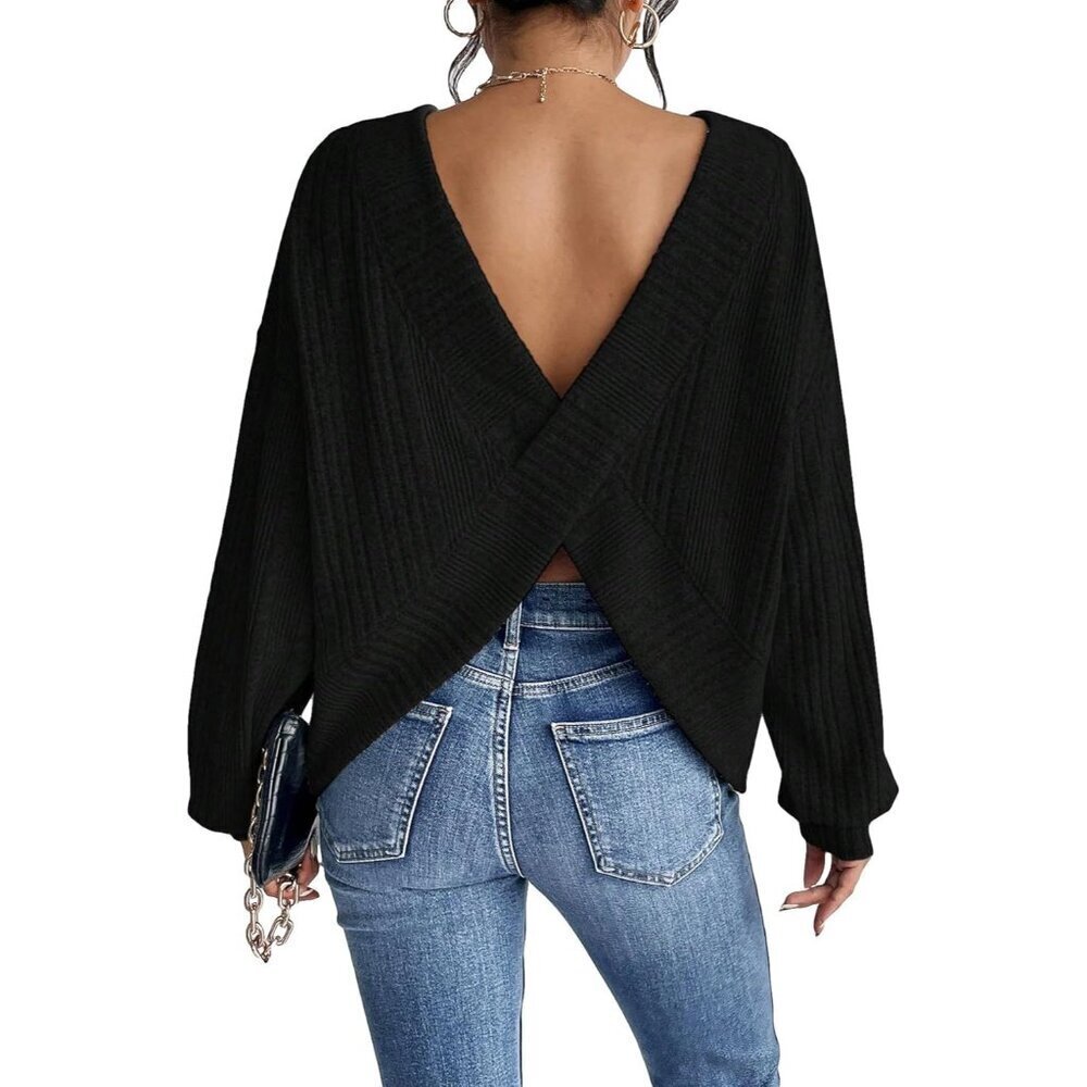 Women's Knit Sweater Long Sleeve Crew Neck Loose Fit Cut Out Back Top